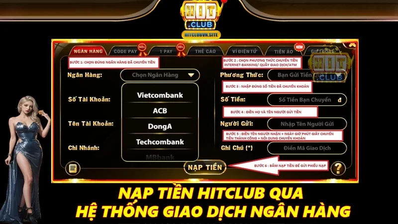 Nạp tiền Hitclub qua hệ thống giao dịch ngân hàng